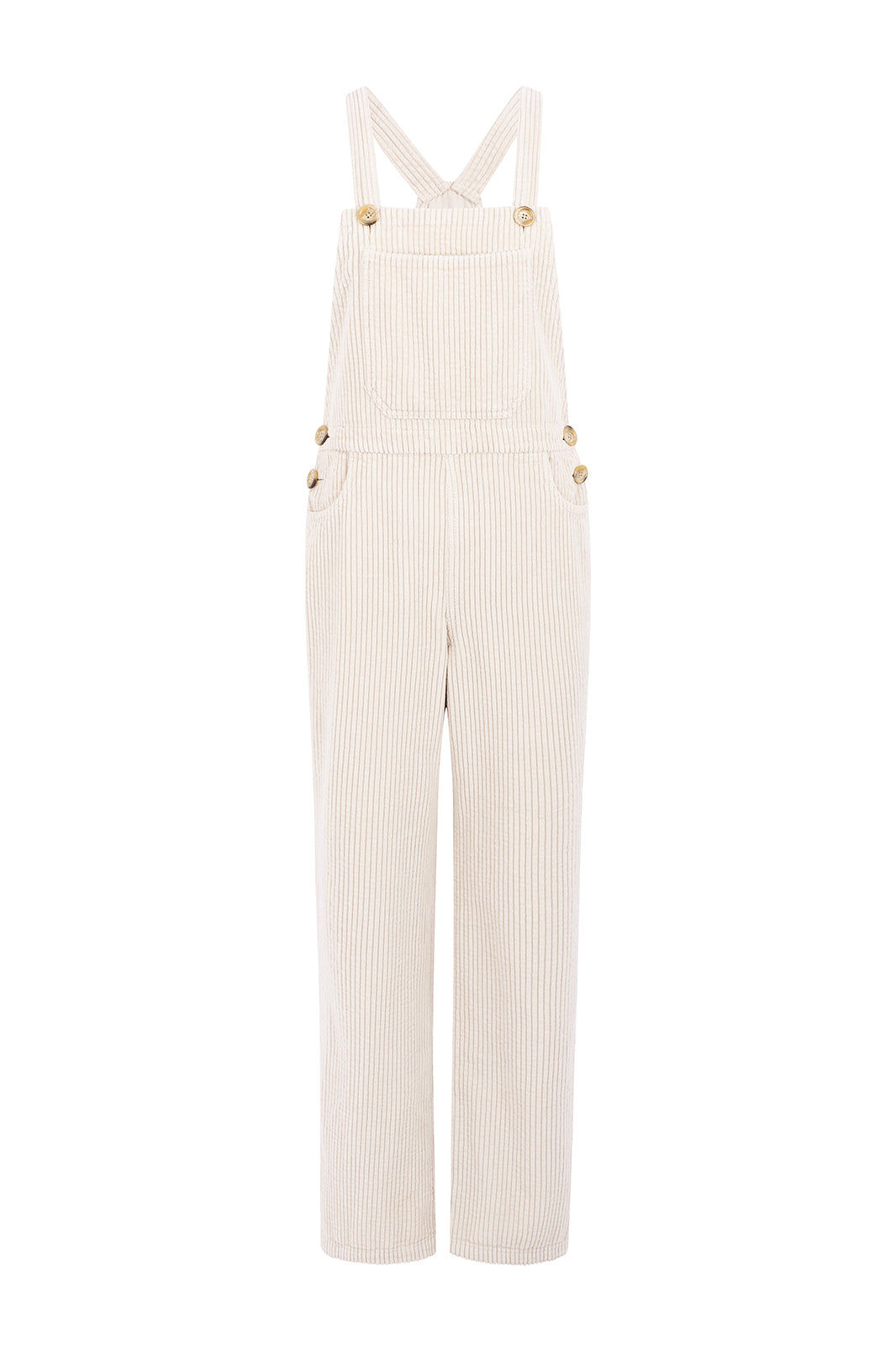 Naz women's sustainable corduroy overalls in white with elastic on the back. Made in Portugal.